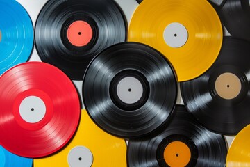 Colorful Assortment Of Vinyl Records With Paper Labels On White Background – Symmetrical Composition, Centrally Aligned, Ample Copy Space