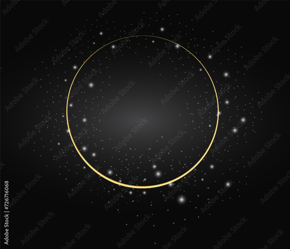 Aufkleber round frame with sparkles and bokeh. round frame of gold color with sparkling sparkles on a black ba