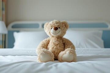 Symmetrical Photo Captures Cuddly Teddybear Toy Bringing Joy And Innocence To Hospital Room, With Ample Copy Space In Center