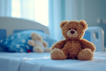 Symmetrical Photo Captures Cuddly Teddybear Toy, Adding Warmth To Hospital Room And Evoking Childhood Innocence - Copy Space Provided