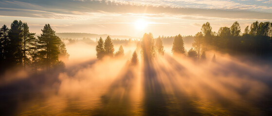 Fototapeta na wymiar Golden Sunrise Over Misty Forest Landscape: A Majestic Display of Light and Shadow Amidst the Trees