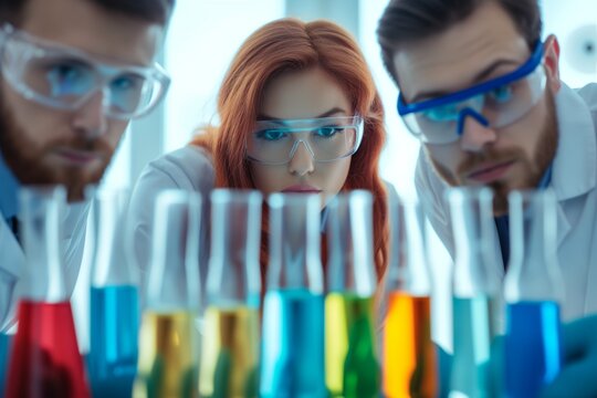 Diverse Group Of Scientists Carrying Out Experiments With Liquid Solutions In Lab