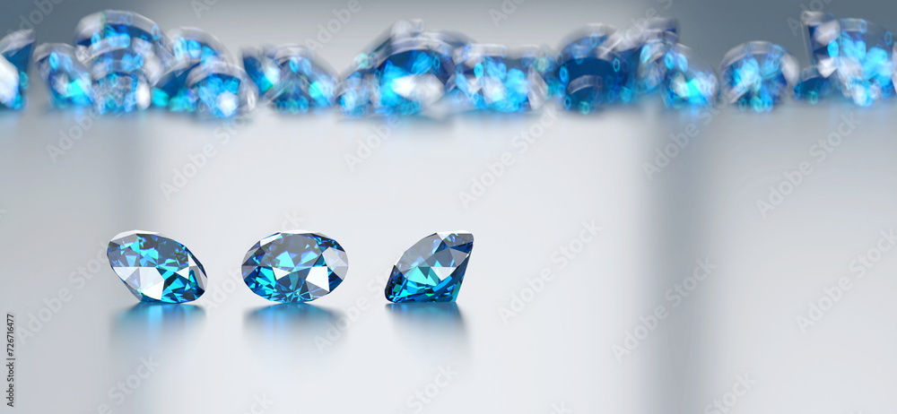 Poster blue diamond sapphire placed on glossy background main object focus 3d rendering