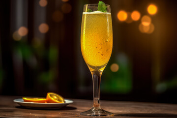 Sip into elegance with a Mimosa cocktail, a blend of orange juice and sparkling wine. Garnished with lavender leaves and orange slices in a highball glass.