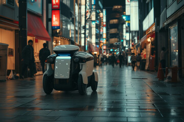 Naklejka premium Efficient Robotic Courier Effortlessly Maneuvers Through Busy Tokyo Streets For Prompt Deliveries