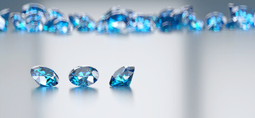 Blue diamond sapphire placed on glossy background main object focus 3d rendering 