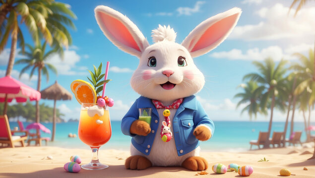 A sweet white Easter bunny drinks in the beach club