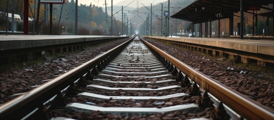 Fototapeta premium Empty railroad tracks and paved stones on a railway platform.