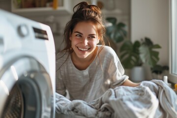 Happy Woman Doing Laundry With Smile, Enjoying Modern Convenience At Home