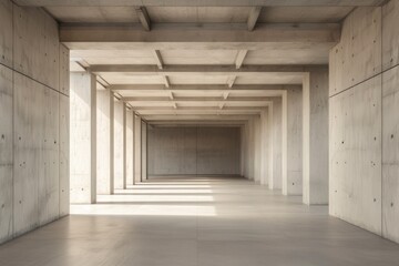 Symmetrical Photo Of Industrial Space With Raw Concrete Aesthetic In Beige Tones: Minimalistic And Spacious Design