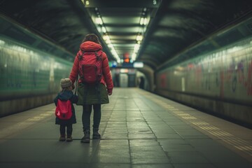 Homeless Woman And Daughter Beside Backpack In Filthy Subway Station