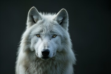Obraz premium Captivating Stare Of A Majestic White Wolf, Set Against A Dramatic Background - Perfectly Symmetrical Photograph With Center Focus And Ample Space For Text