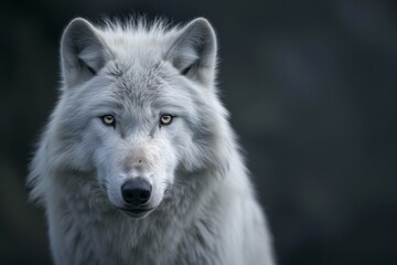 Captivating Stare Of A Magnificent White Wolf, Contrasting Against A Murky Background - Impeccably Balanced Image, With A Focal Point And Room For Text