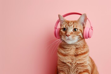 Joyful Feline Dons Headphones, Poses Against Pastel Backdrop With Room For Text