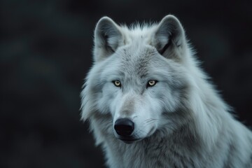 Majestic White Wolf Captivatingly Stares From The Center Of Stunning Symmetrical Photograph, Against Dark Background With Ample Copy Space