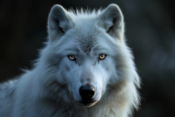 Fototapeta premium Intense Gaze Of Majestic White Wolf, Set Against Dark Backdrop