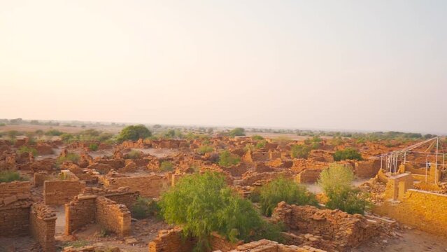 View of Kuldhara village known as ghost town located near Jaisalmer in Rajasthan, India. Old abandoned village. Old ruins of haunted Kuldhara village.