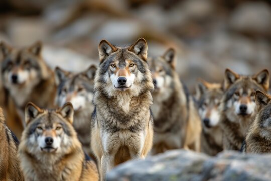 Symmetrical Photo Of Eastern Timber Wolves Uniting In Spirited Chorus On Rocky Grounds: Copy Space Included