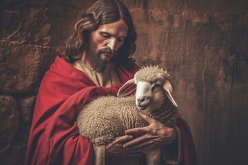 Symmetrical Photo Of Jesus Christ With Lamb, Depicting Love And Protection, Ideal For Religious Banner