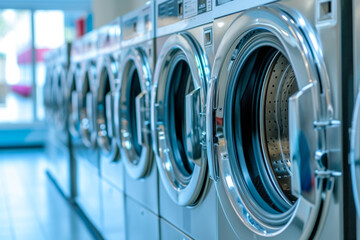 Fototapeta premium Commercial Washing Machines In Laundromat: Ensuring Clean And Stylish Clothes With Perfect Symmetry (Centered Photo)