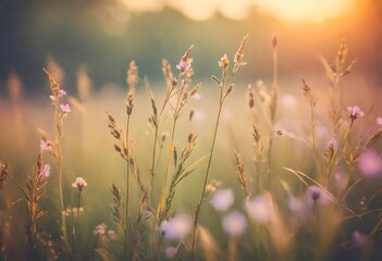 Vintage photo of Close up soft focus a little wild flowers grass in sunrise and sunset background
