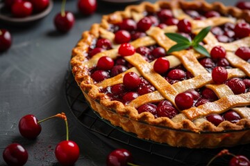 Tempting Cherry Pie: Perfectly Symmetrical Delight With Buttery Crust And Mouthwatering Cherries, Captured Beautifully With Ample Copy Space