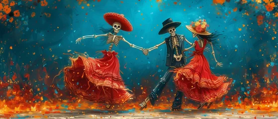Fotobehang Characters dressed as skeletons dancing on Mexico's Day of the Dead © Adriana