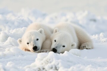 Two Adorable Polar Bear Cubs Snuggle Together On Snowy Landscape