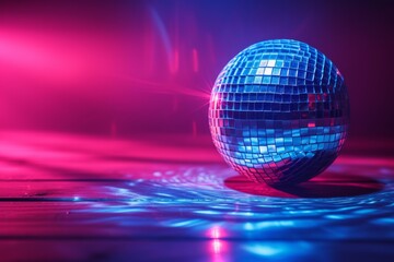 Fototapeta na wymiar Radiant Disco Ball Shining Amidst Neon Lights, Creates A Nostalgic Dance Atmosphere - Striking Symmetrical Photo, Focused And Ample Room For Text