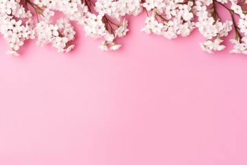 Fototapeta na wymiar Border delicate white flowers on pink background top view. Space for text. Flat lay style with copy space for advertiser