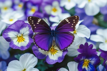 Captivating Purple Butterfly Amongst Delicate White Violets: Perfectly Symmetrical Masterpiece Of Nature