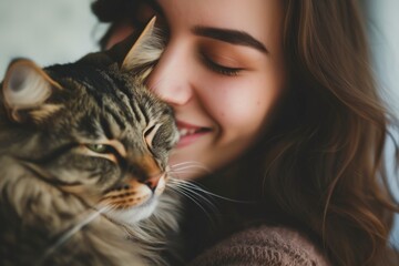 Woman's Joyful Expression Illuminates The Room As She Cuddles With A Contented Feline: Gorgeous Photo, Well-Aligned And With Room For Text