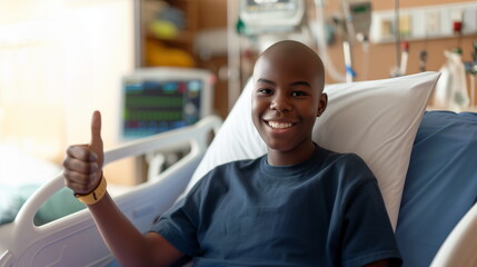 Smiling child cancer patient in hospital bed. Kid showing thumbs up after chemotherapy. Hope, victory over disease, childhood cancer awareness concept. - obrazy, fototapety, plakaty