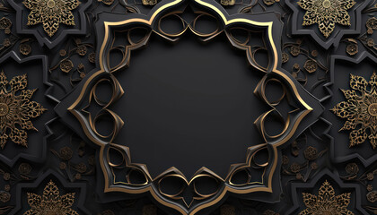 elegant arabesque frame design with floral patterns on black matte and golden lines  - obrazy, fototapety, plakaty