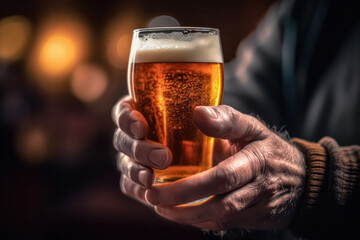 Unwind after a tough day at work as a mans hand clutches a satisfying glass of beer in a cozy pub. The perfect moment for relaxation and camaraderie. - obrazy, fototapety, plakaty