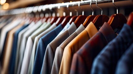 Obraz premium Close-up of several men's suits on hangers in a tailoring store. Luxury men's suits handcrafted and made to measure in store.