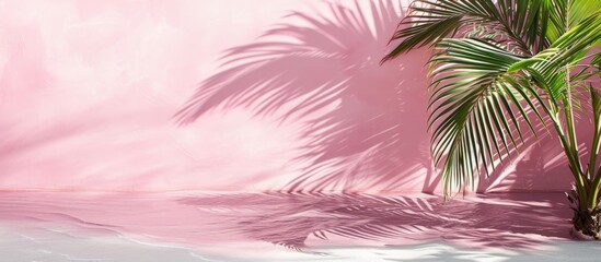 Minimalist concept of a tropical beach with a pink shadow background made of soft cement fabric.