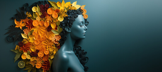 Portrait of a young girl with a wreath of citrus fruits and leaves on her head.