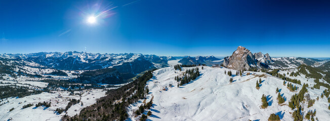 Beautiful view on snowy Grosser Mythen peak in canton of Schwyz in Switzerland as seen from...