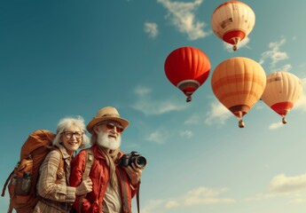 happy elderly couple in sky background with camera