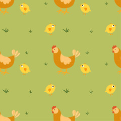 Seamless pattern with chicken, hen and chick on green background. Spring, summer motif. Vector illustration, cartoon, flat style.