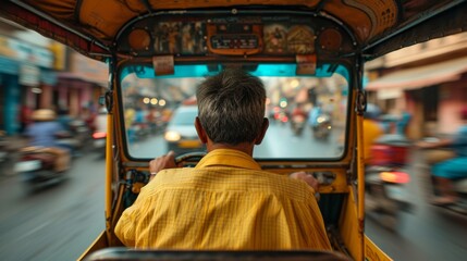 view from inside a rickshaw  man driver on the road, rain
