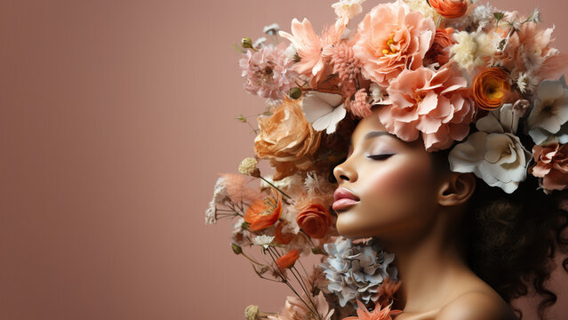 Creative portrait of a african girl with a big wreath of flowers on her head.
