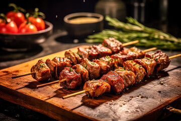 Irresistible satay skewers showcasing perfectly grilled meat, a tantalizing feast for the senses....