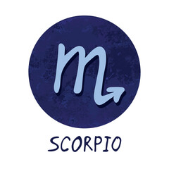 Hand drawn scorpio zodiac sign in blue round frame Astrology doodle clipart Element for design