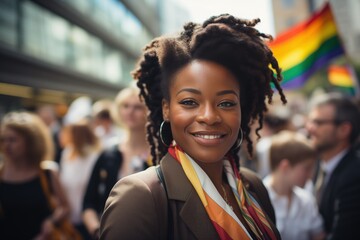 Rainbow-Tied Business Confidence: Portrait of an LGBT friendly BIPOC woman - obrazy, fototapety, plakaty