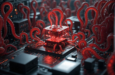 Monters virus on a computer circuit board. 3d rendering