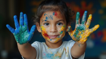 Young Artist Showing Off Colorful Painted Hands