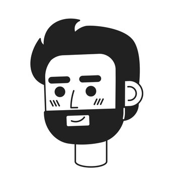 Confident bearded man smiling black and white 2D vector avatar illustration. European proud guy beard outline cartoon character face isolated. Positive mood flat user profile image, portrait