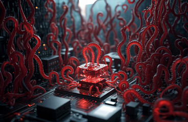Monters virus on a computer circuit board. 3d rendering